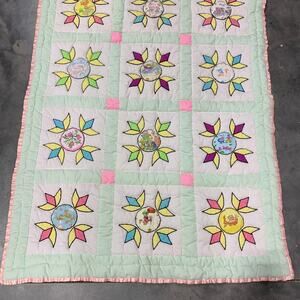 Patchwork, Country Quilt, Pink, Mint Green, Stars, Calico, Nursery, Bedding